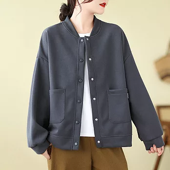 【ACheter】 休閒棒球服圓領百搭寬鬆顯瘦簡約純色韓版長袖短版外套# 120993 XL 灰色