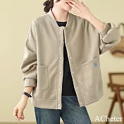 【ACheter】 休閒棒球服圓領百搭寬鬆顯瘦簡約純色韓版長袖短版外套# 120993 L 卡其色