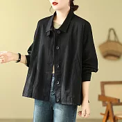 【ACheter】 寬鬆休閒百搭長袖上衣韓版文藝短款開衫外套# 120997 L 黑色