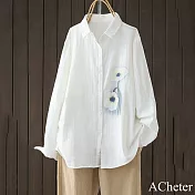 【ACheter】 棉麻感大碼文藝寬鬆休閒時尚印花長袖中長版襯衫上衣# 121016 M 白色