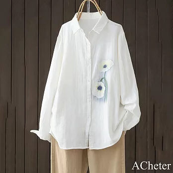 【ACheter】 棉麻感大碼文藝寬鬆休閒時尚印花長袖中長版襯衫上衣# 121016 XL 白色