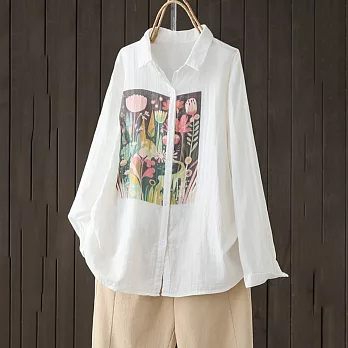 【ACheter】 棉麻感大碼文藝寬鬆休閒時尚印花長袖中長版襯衫上衣# 121016 XL 米白色