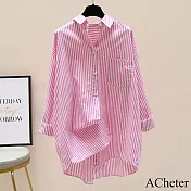 【ACheter】 棉條紋印花長袖襯衫新款韓版寬鬆簡約中長款防曬罩衫上衣# 121157 XL 粉紅色