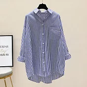 【ACheter】 棉條紋印花長袖襯衫新款韓版寬鬆簡約中長款防曬罩衫上衣# 121157 M 藍色