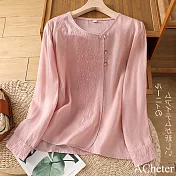 【ACheter】 新中式風尚棉麻感盤扣長袖上衣刺繡國風茶服寬鬆顯瘦短版# 121240 M 粉紅色