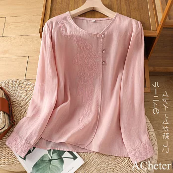【ACheter】 新中式風尚棉麻感盤扣長袖上衣刺繡國風茶服寬鬆顯瘦短版# 121240 XL 粉紅色