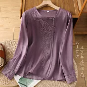 【ACheter】 新中式風尚棉麻感盤扣長袖上衣刺繡國風茶服寬鬆顯瘦短版# 121240 XL 紫色