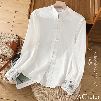 【ACheter】 新中式長袖國風盤扣刺繡暗紋緹花襯衫絲質白色短版上衣# 121241 M 白色