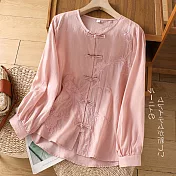 【ACheter】 中式盤扣長袖襯衫文藝復古氣質上衣刺繡精緻高端棉短版# 121242 XL 粉紅色