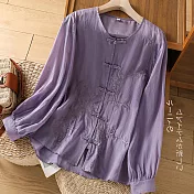 【ACheter】 中式盤扣長袖襯衫文藝復古氣質上衣刺繡精緻高端棉短版# 121242 M 紫色