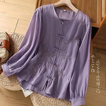 【ACheter】 中式盤扣長袖襯衫文藝復古氣質上衣刺繡精緻高端棉短版# 121242 XL 紫色