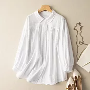 【ACheter】 棉長袖襯衫文藝復古寬鬆休閒短版上衣# 121244 L 白色