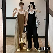 【Jilli~ko】日系棉麻寬鬆顯瘦背帶闊腿連身褲 11703 FREE 卡其色