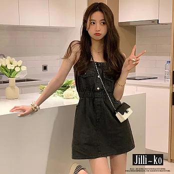 【Jilli~ko】復古牛仔設計感收腰顯瘦工裝背帶裙 J11706  FREE 黑色