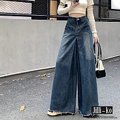 【Jilli~ko】毛邊設計高腰顯瘦大擺直筒闊腿牛仔褲 L-XL J11681  XL 藍色