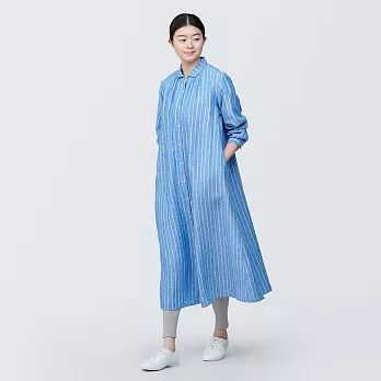 【MUJI 無印良品】女亞麻水洗長袖襯衫洋裝 S 藍直紋