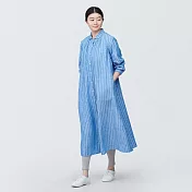 【MUJI 無印良品】女亞麻水洗長袖襯衫洋裝 L 藍直紋