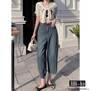 【Jilli~ko】薄款復古高腰寬鬆牛仔闊腿香蕉褲 M-XL J11696  L 藍色