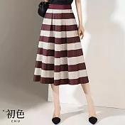 【初色】法式條紋薄款高腰遮肉A字裙中長裙半身裙-共2色-33155(M-2XL可選) XL 酒紅色