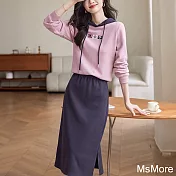 【MsMore】 華夫格撞色連帽長袖套裝時尚休閒半身裙兩件式套裝# 121249 L 粉紅色