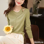 【MsMore】 修身圓領鏤空女人味優雅氣質設計感長袖T恤短版上衣# 121250 2XL 綠色