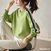 【MsMore】 綠色圓領條紋撞色拼接設計感運動長袖寬鬆短版上衣# 121251 M 綠色