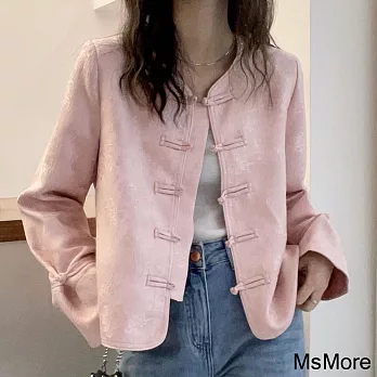 【MsMore】 新中式國風盤扣短外套時尚長袖短版# 121252 M 粉紅色