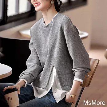 【MsMore】 灰色圓領設計感長袖拼接撞色假兩件短版上衣# 121254 M 灰色