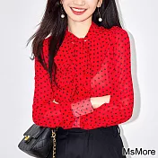 【MsMore】 法式紅色波點系帶飄帶襯衫長袖短版上衣# 120625 L 紅色