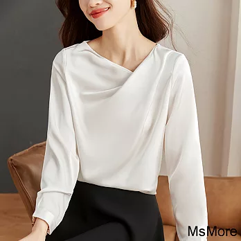 【MsMore】 韓版百搭斜領長袖緞面襯衫款短版上衣# 120632 M 白色