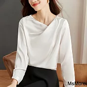 【MsMore】 韓版百搭斜領長袖緞面襯衫款短版上衣# 120632 XL 白色