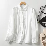【ACheter】 棉麻感拼接設計翻領單排扣長袖襯衫寬鬆百搭通勤短版上衣# 120643 L 白色