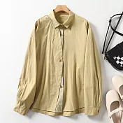 【ACheter】 棉麻感拼接設計翻領單排扣長袖襯衫寬鬆百搭通勤短版上衣# 120643 L 黃色