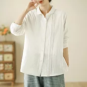 【ACheter】 復古長袖襯衫文藝寬鬆氣質棉紗風琴褶刺繡短版上衣# 120646 L 白色