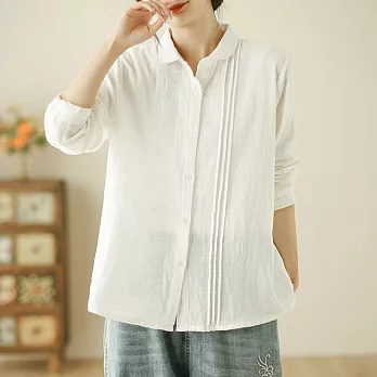 【ACheter】 復古長袖襯衫文藝寬鬆氣質棉紗風琴褶刺繡短版上衣# 120646 L 白色