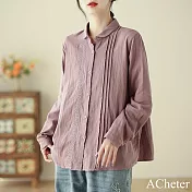 【ACheter】 復古長袖襯衫文藝寬鬆氣質棉紗風琴褶刺繡短版上衣# 120646 L 紫色