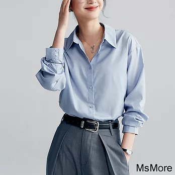 【MsMore】 長袖白色襯衫微磨毛氣質長絨棉中長版上衣# 120652 M 藍色