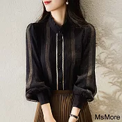【MsMore】 法式木耳蕾絲邊小立領雙層單排扣長袖襯衫短版上衣# 120749 2XL 黑色
