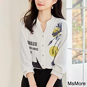 【MsMore】 優雅淑女氣質時尚浪漫印花長袖襯衫V領短版上衣# 120752 2XL 白色