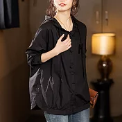 【MsMore】 氣質連帽外套長袖寬鬆心釦中長版襯衫式風衣# 120778 2XL 黑色