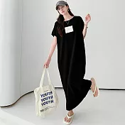 【MsMore】 簡約字母大碼連身裙寬鬆束腰短袖T恤OP長版洋裝# 120813 3XL 黑色