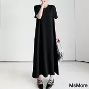 【MsMore】 黑色連身裙圓領t恤顯瘦高級感寬鬆短袖長版洋裝# 120815 4XL 黑色