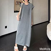 【MsMore】 小飛短袖拼接銀絲帶圓領寬鬆長款T恤連身裙休閒洋裝# 120818 2XL 灰色