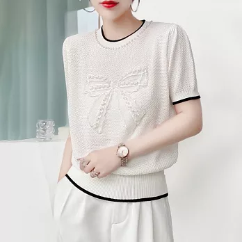 【MsMore】 溫柔少女感短袖輕薄針織衫領口珍珠蝴蝶結短版上衣# 121049 FREE 白色