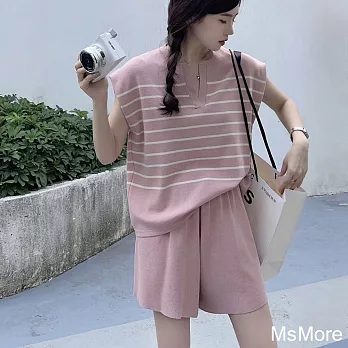 【MsMore】 法式氣質條紋高級感時尚休閒無袖上衣闊腿短褲兩件式套裝# 121052 FREE 粉紅色