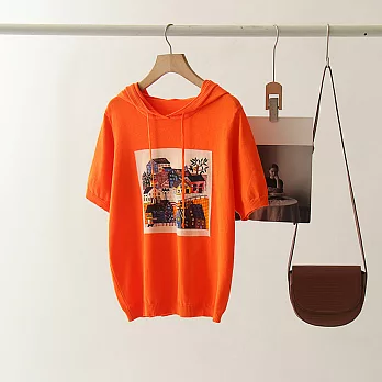 【MsMore】 韓版印花連帽短袖寬鬆薄款針織短版上衣# 121105 FREE 橘色