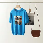 【MsMore】 韓版印花連帽短袖寬鬆薄款針織短版上衣# 121105 FREE 藍色
