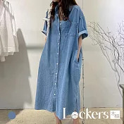 【Lockers 木櫃】復古翻領多口袋設計牛仔連衣裙 L113032504 L 淺藍色L