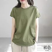 【初色】休閒百搭純色拼接寬鬆圓領短袖T恤上衣-共5色-69360(M-2XL可選) M 軍綠色