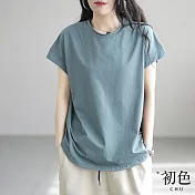 【初色】休閒百搭純色拼接寬鬆圓領短袖T恤上衣-共5色-69360(M-2XL可選) M 藍色
